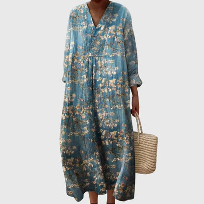 Effortless Printed Linen Maxi Dress for Women with V Neck Long Sleeve Relaxed Oversized Flowing Style