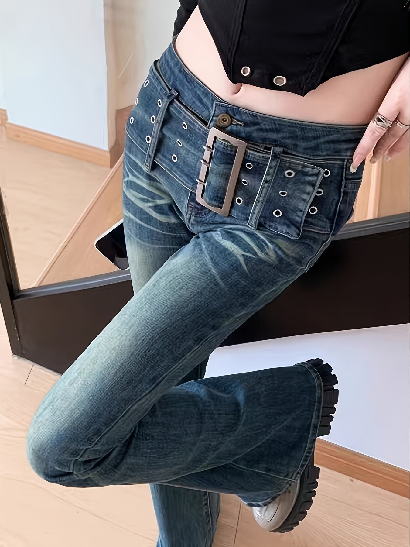 Effortless Blue Distressed Flare Jeans for Women with Grommet Belt Low Rise Whiskered Streetwear Style