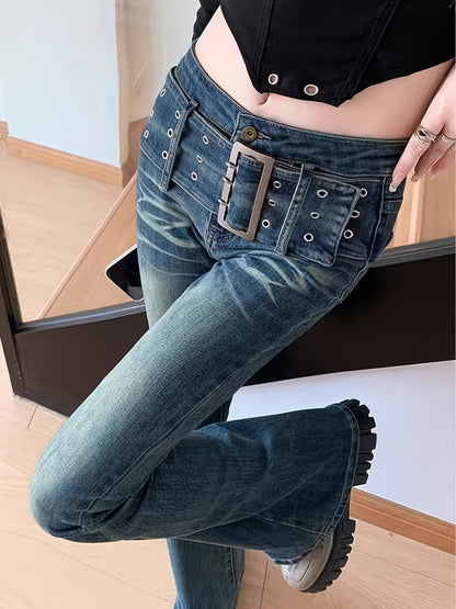 Effortless Blue Distressed Flare Jeans for Women with Grommet Belt Low Rise Whiskered Streetwear Style