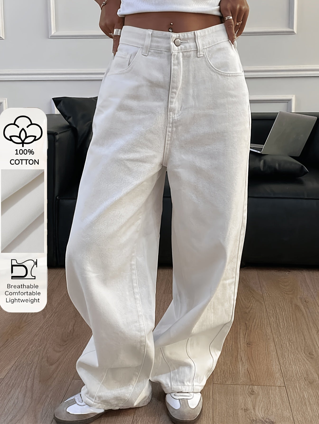 Effortless White Jeans for Women with High Waist Wide Leg Button Front Relaxed Style