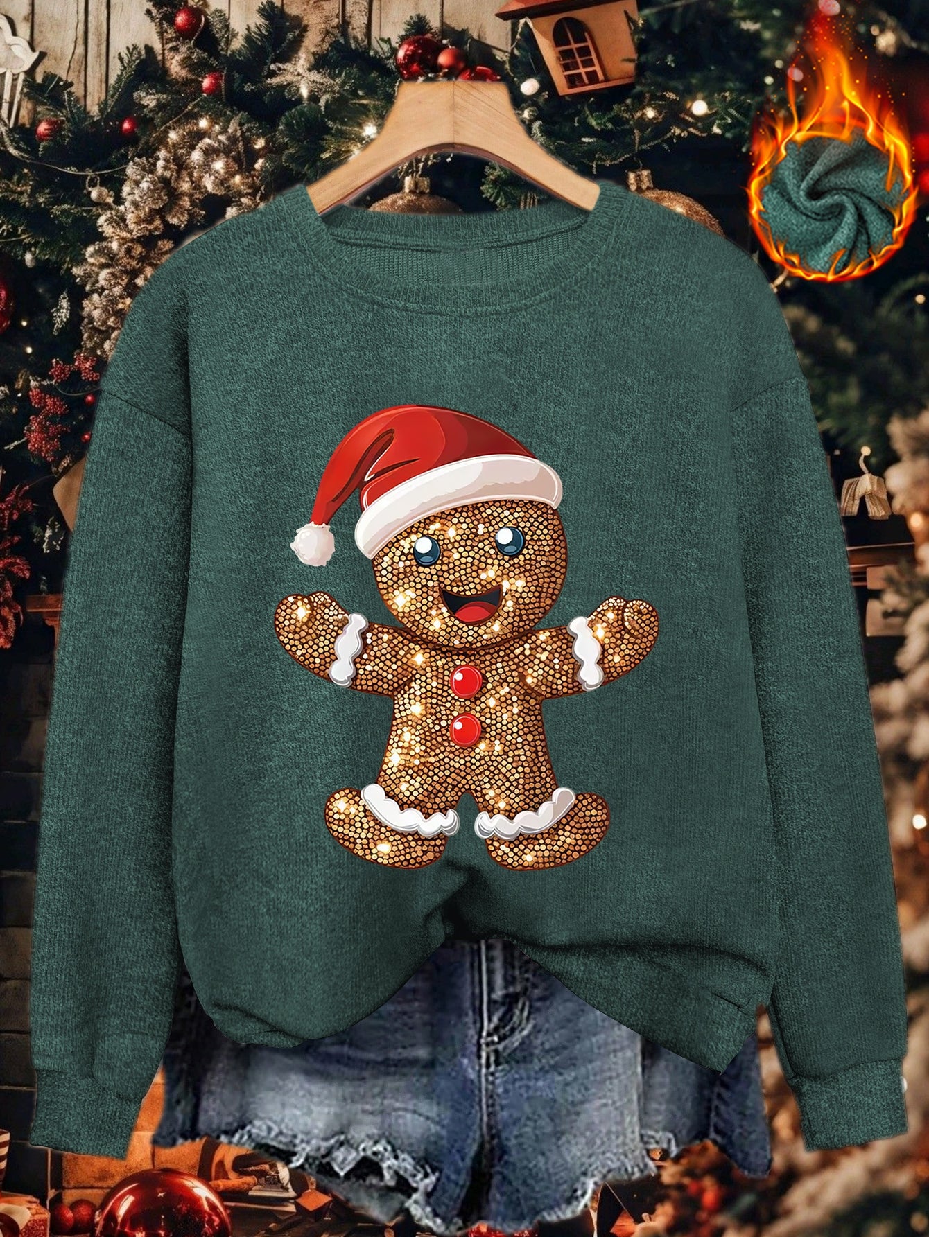Comfortable Gingerbread Print Christmas Tacky Sweater for Women with Crew Neck Long Sleeve Sequin Graphic Pullover Style