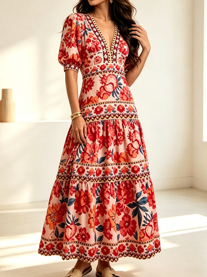 Effortless Floral Print Boho Dress for Women with V Neck Puff Sleeve Tiered Maxi Flowing Style
