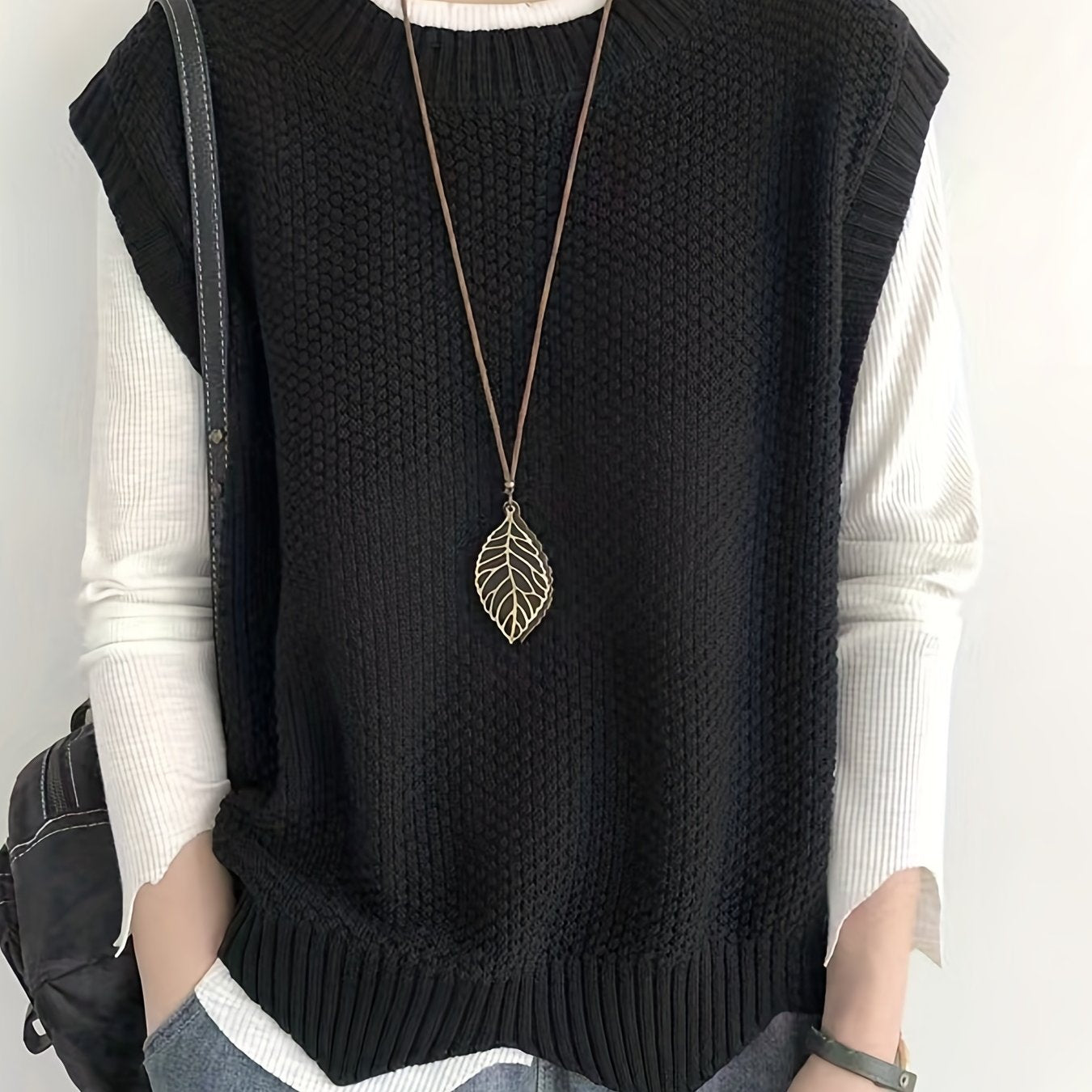 Comfortable Chunky Knit Sweater Vest for Women with Crew Neck Sleeveless Ribbed Trim Relaxed Oversized Style