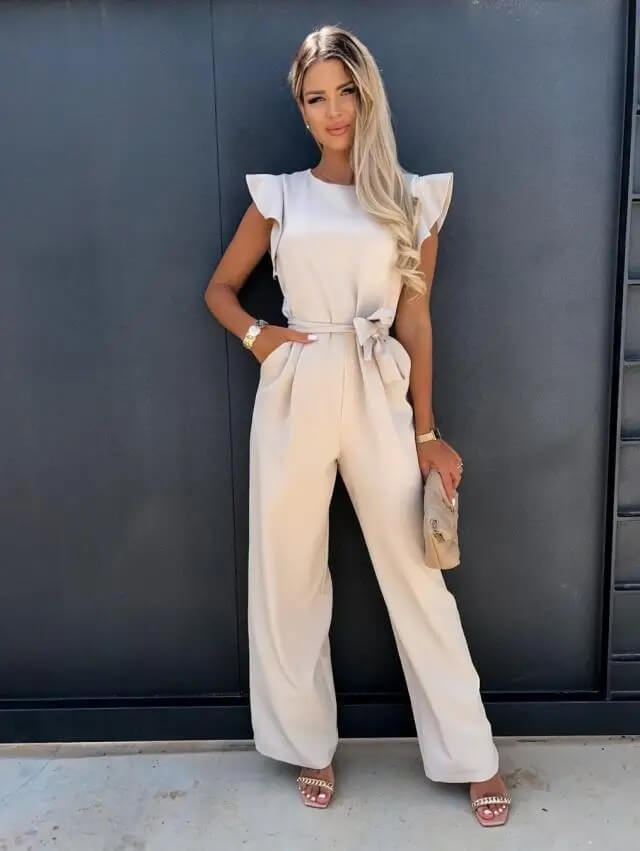 Elegant Ruffle Sleeve Jumpsuit for Women with Round Neck Belted Wide Leg Flowing Style