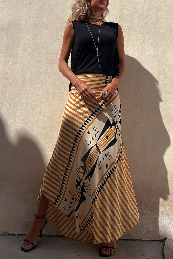 Effortless Geometric Print Maxi Skirt for Women with High Waist Asymmetrical Hem Bohemian Style