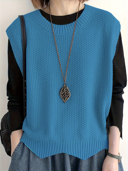 Comfortable Chunky Knit Sweater Vest for Women with Crew Neck Sleeveless Ribbed Trim Relaxed Oversized Style