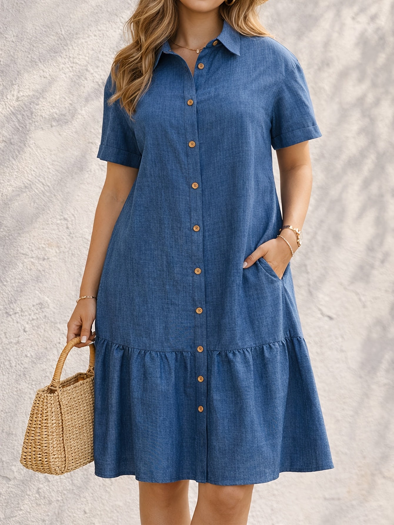 Effortless Blue Denim Dress for Women with Collar Short Sleeve Button Front Tiered Casual Style