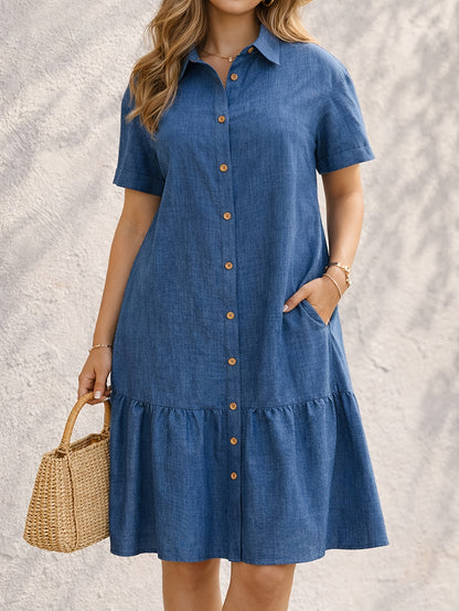 Effortless Blue Denim Dress for Women with Collar Short Sleeve Button Front Tiered Casual Style