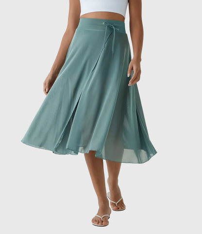 Effortless Sage Green Mesh Skirt for Women with High Waist Drawstring A Line Flowy Style