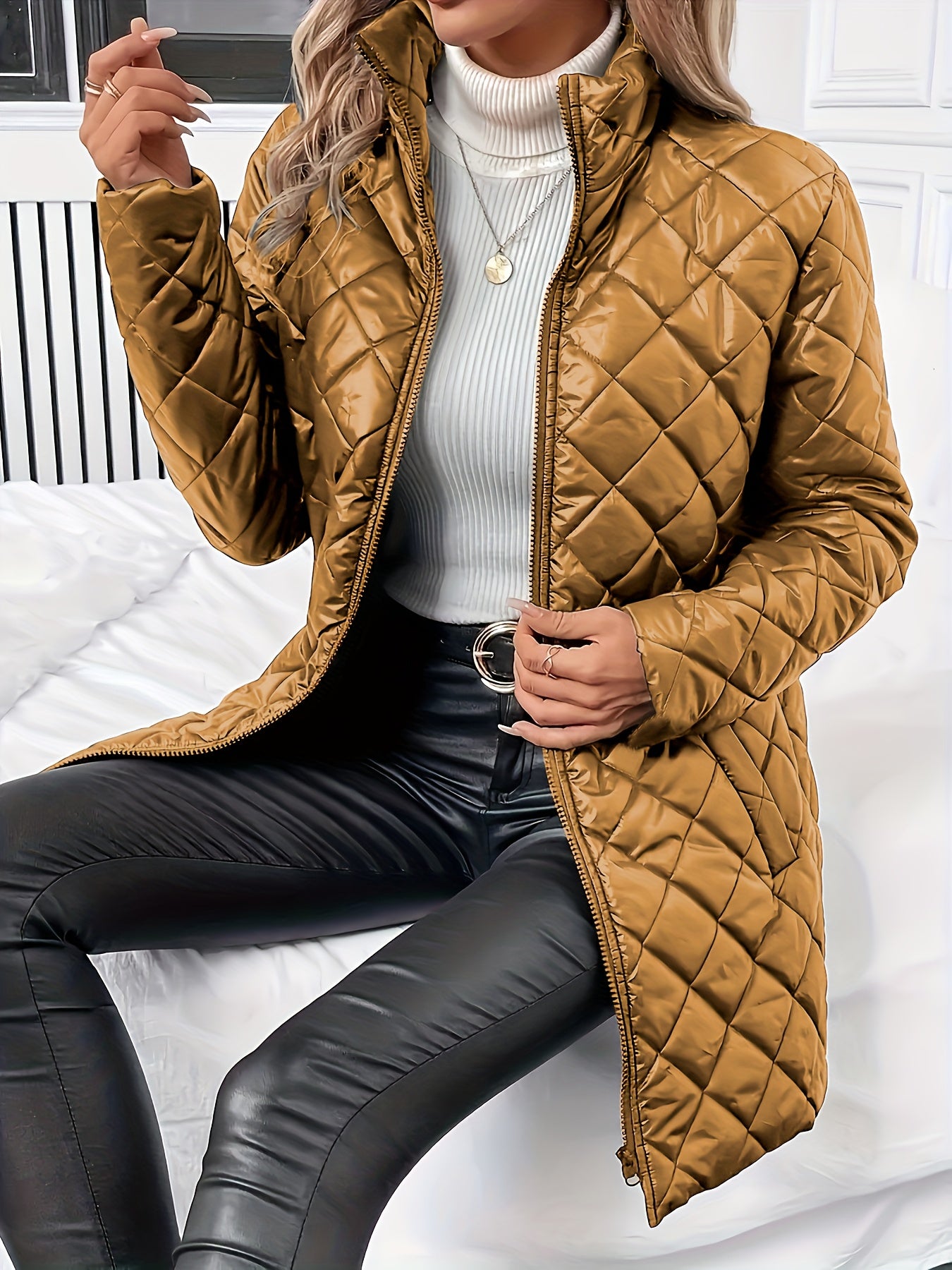 Elegant Coffee Brown Quilted Coat for Women with Stand Collar Long Sleeve Zip Front Longline Style