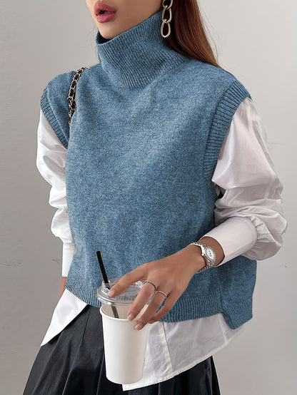 Cozy Sleeveless Turtleneck Vest for Women with High Neck Ribbed Knit Side Slit Style