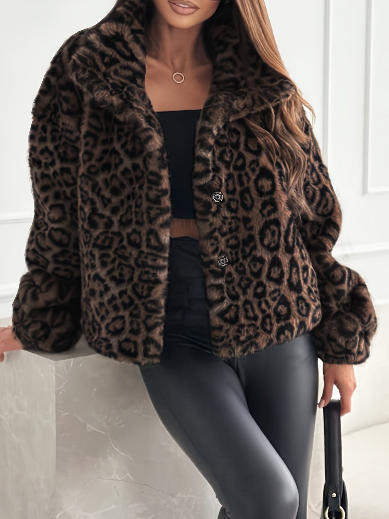 Cozy Leopard Print Flurry Coat for Women with Faux Fur Collar Long Sleeve Plush Warm Winter Style