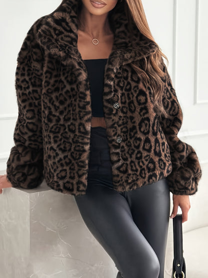 Cozy Leopard Print Flurry Coat for Women with Faux Fur Collar Long Sleeve Plush Warm Winter Style