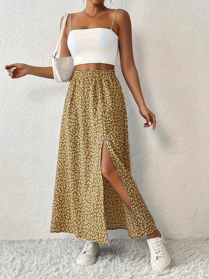 Effortless Blue Floral Maxi Skirt for Women with High Waist Side Slit Flowing Bohemian Style