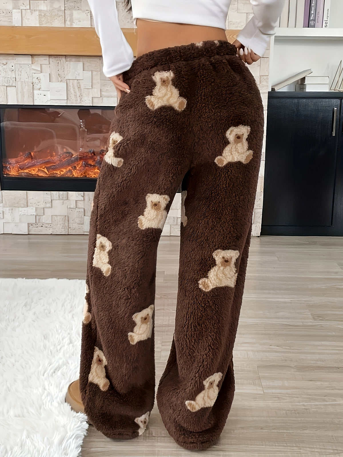 Cozy Brown Teddy Bear Sweatpants for Women with Drawstring Waist Wide Leg Plush Fleece Lounge Style