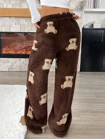 Cozy Brown Teddy Bear Sweatpants for Women with Drawstring Waist Wide Leg Plush Fleece Lounge Style