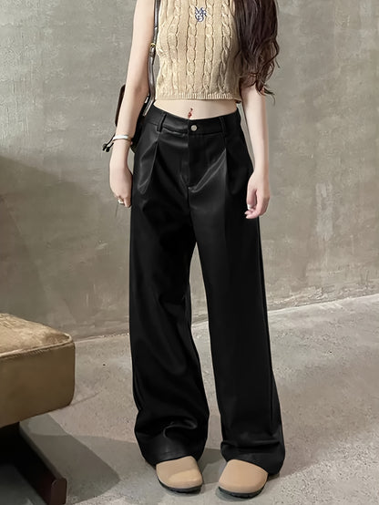 Sleek Black Leather Slacks for Women with High Waist Wide Leg Pleated Relaxed Style