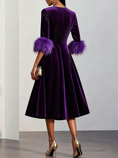Elegant Velvet Semi Formal Dress for Women with Round Neck Feather Trim Sleeve Fit and Flare Midi Party Style