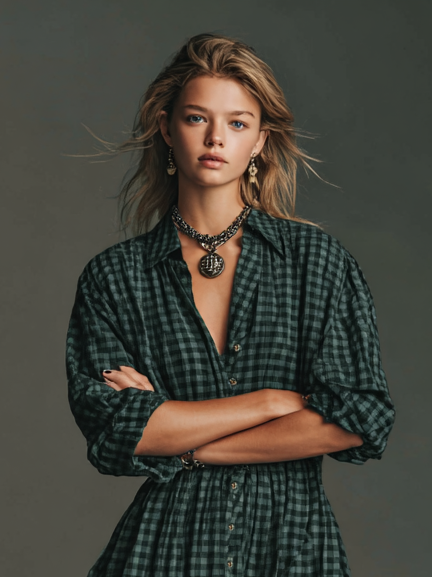 Effortless Plaid Shirt Dress for Women with Collar Button Front Long Sleeve Oversized Casual Maxi Style