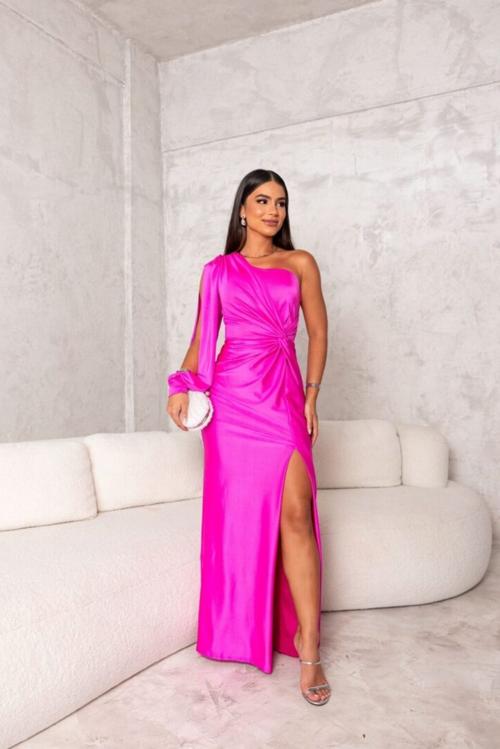 Elegant Satin Maxi Dress for Women with One Shoulder Draped Ruched Waist Formal Wedding Guest Style