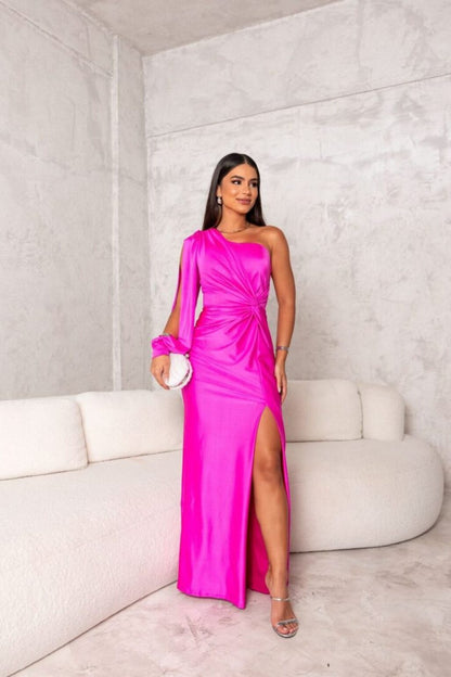 Elegant Satin Maxi Dress for Women with One Shoulder Draped Ruched Waist Formal Wedding Guest Style