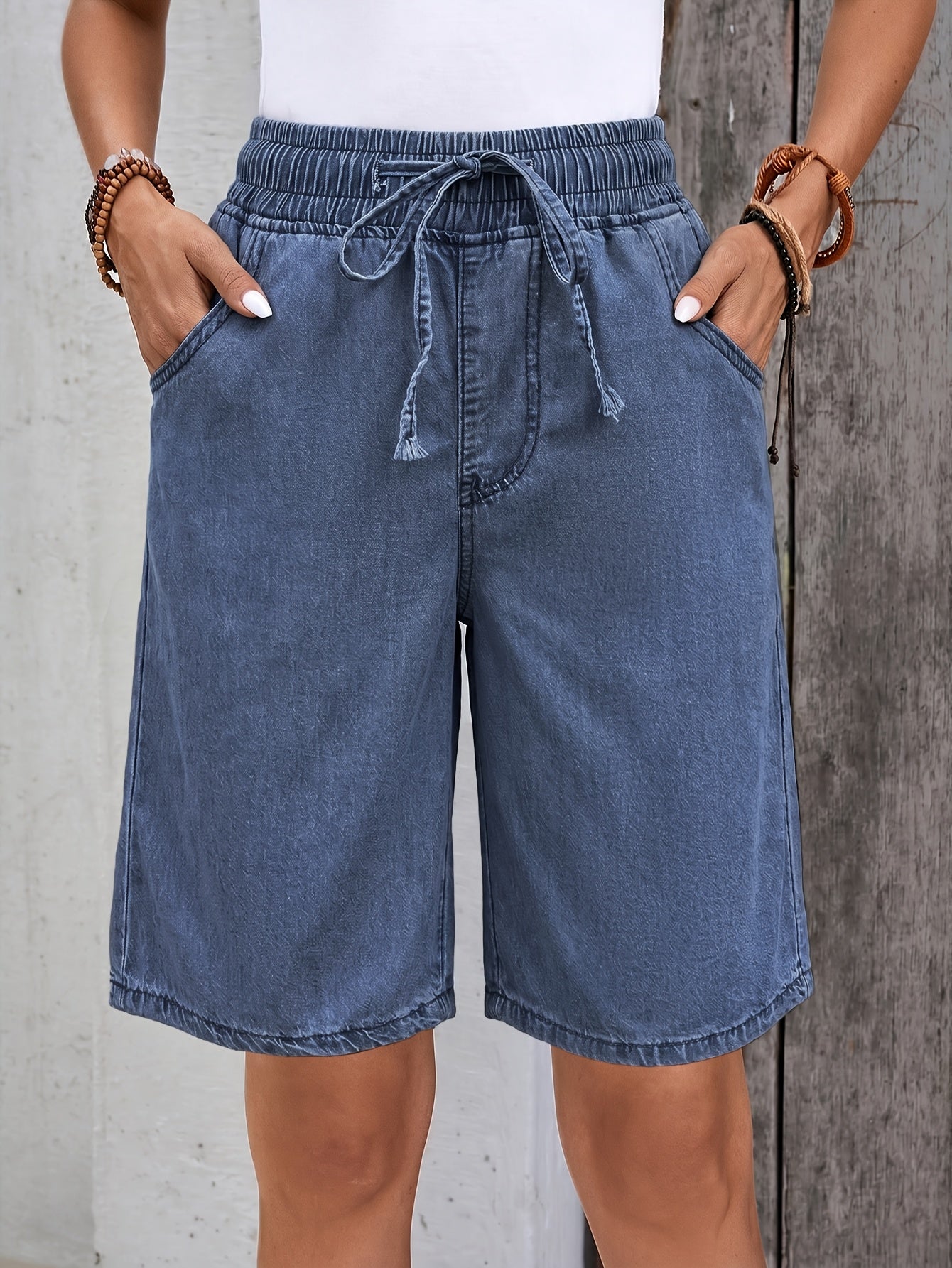 Effortless Blue Jean Shorts for Women with High Waist Drawstring Pocket Bermuda Style