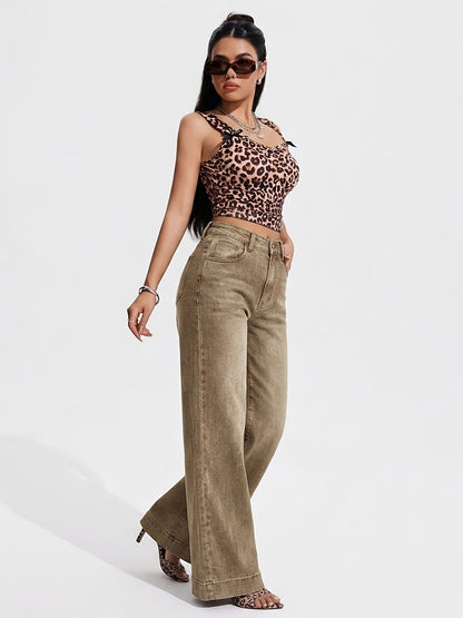 Effortless Brown Wash Flare Jeans for Women with High Waist Button Front Pocket Detail Relaxed Style