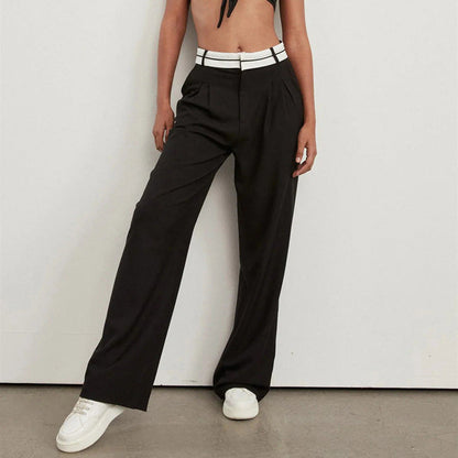 Effortless Wide Leg Pants for Women with High Waist Contrast Waistband Pleated Tailored Style