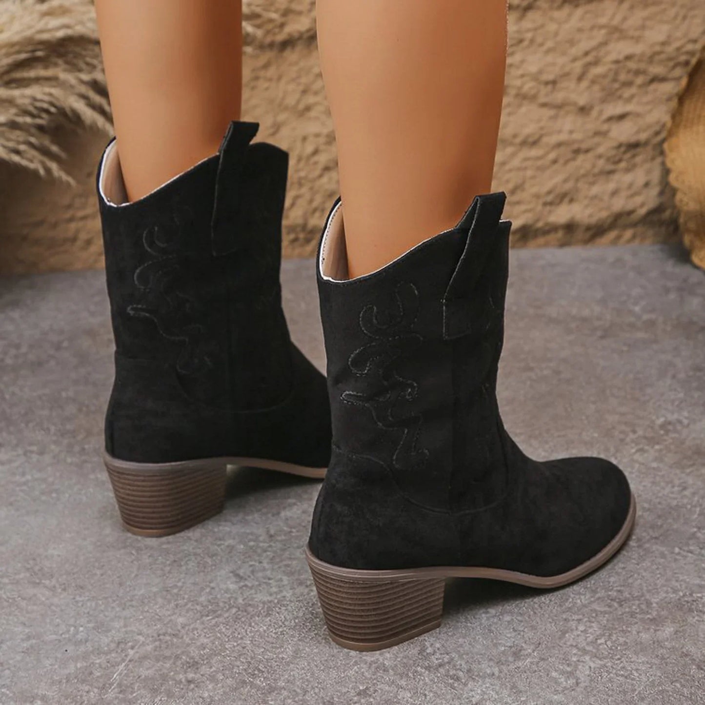 Stylish Suede Cowboy Boots for Women with Embroidered Pointed Toe Block Heel Western Style