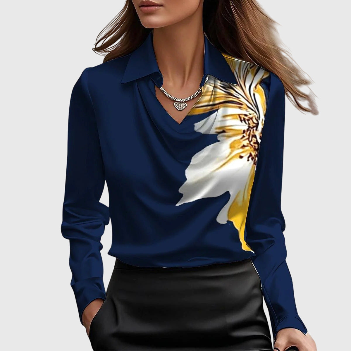 Elegant Satin Long Sleeve Shirt for Women with Cowl Neck Collar Relaxed Silky Style
