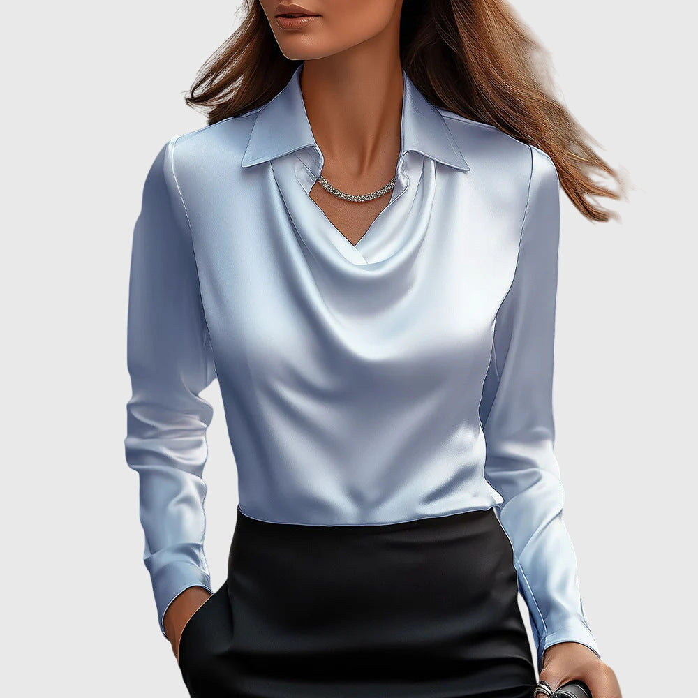 Elegant Satin Long Sleeve Shirt for Women with Cowl Neck Collar Relaxed Silky Style