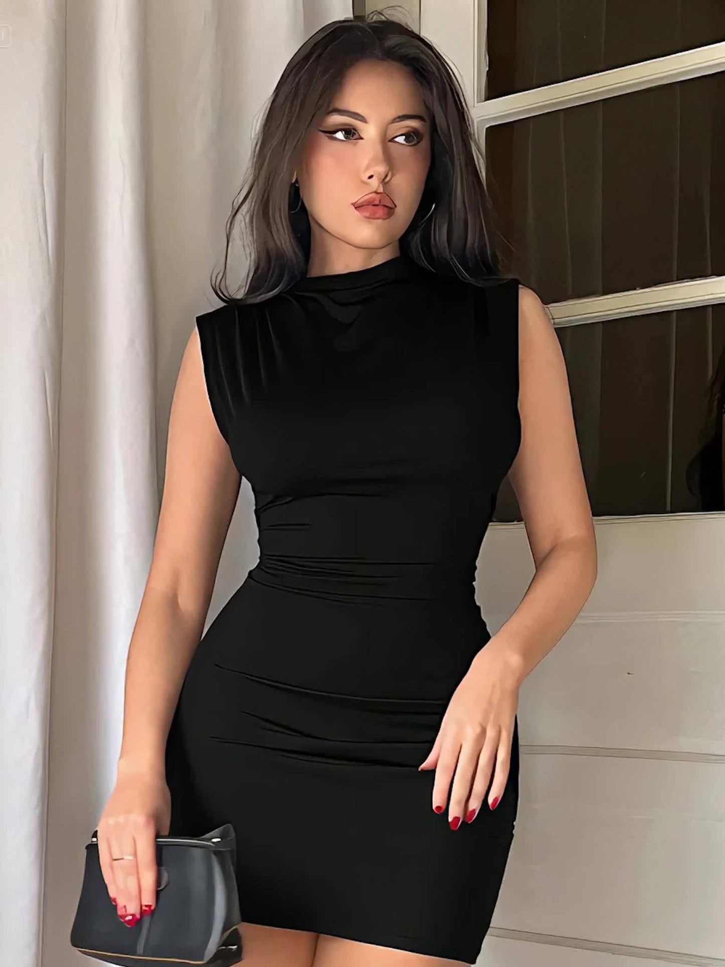 Elegant Little Black Dress for Women with Mock Neck Sleeveless Ruched Bodycon Fitted Mini Party Style