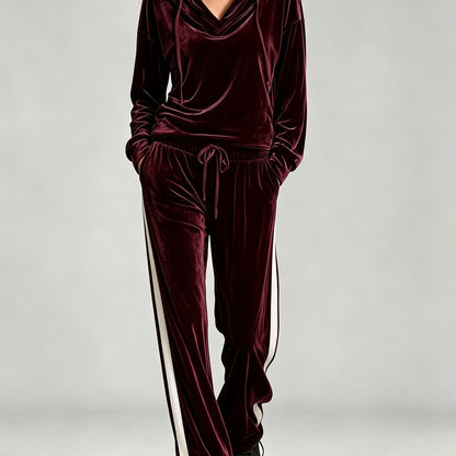 Cozy Velvet Sweatsuit for Women with Cowl Neck Long Sleeve Drawstring Side Stripe Relaxed Style