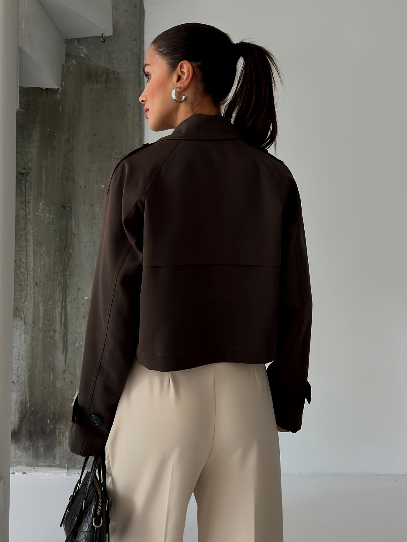 Elegant Coffee Brown Pea Coat for Women with Notched Lapel Long Sleeve Double Breasted Cropped Style