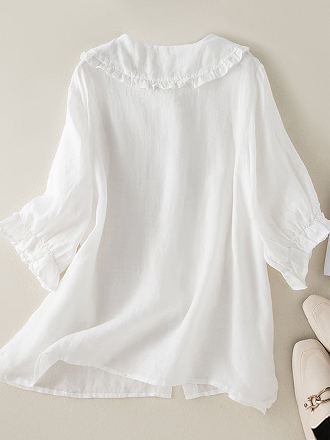Effortless Linen Ruffle Shirt for Women with Peter Pan Collar Elbow Sleeve Button Front Relaxed Style