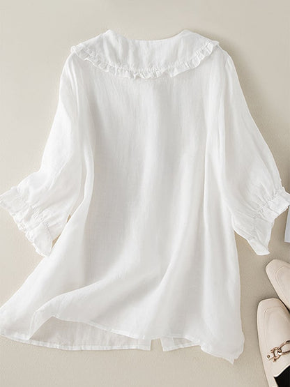 Effortless Linen Ruffle Shirt for Women with Peter Pan Collar Elbow Sleeve Button Front Relaxed Style