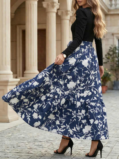 Elegant Blue And Black Dress for Women with Round Neck Long Sleeve Floral Tiered Maxi Flowing Style