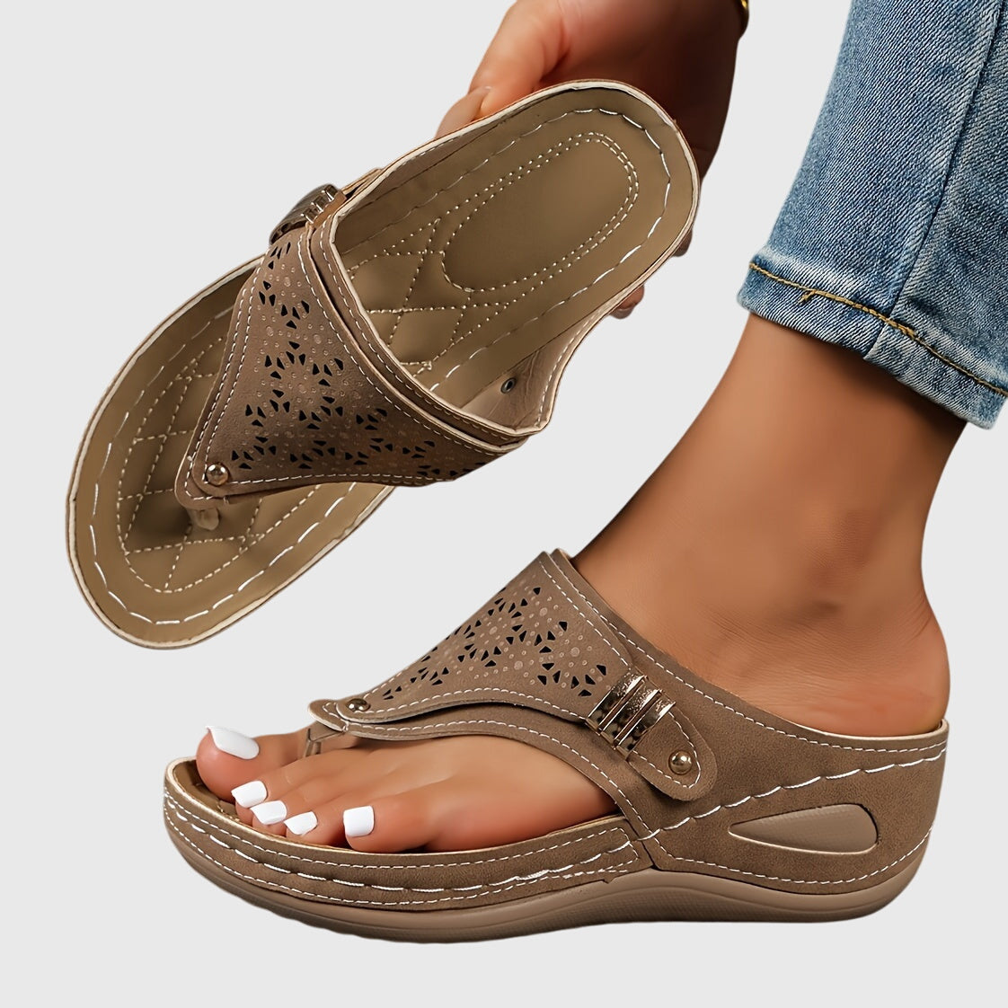 Comfortable Orthopedic Sandals for Women with Laser Cut Buckle Strap Toe Loop Wedge Platform Flip Flop Style