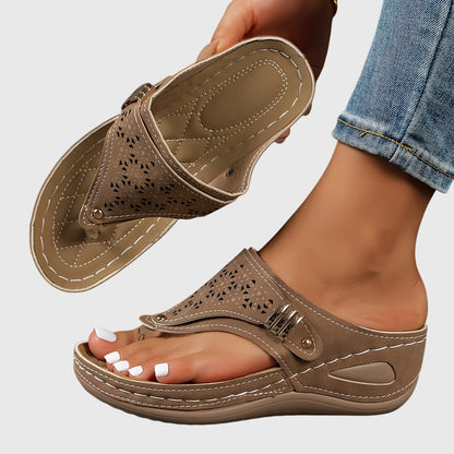 Comfortable Orthopedic Sandals for Women with Laser Cut Buckle Strap Toe Loop Wedge Platform Flip Flop Style