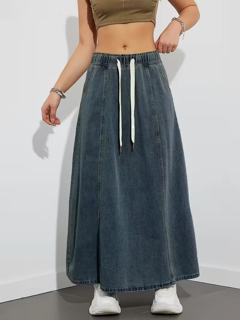 Effortless Denim Skirt for Women with High Waist Drawstring A Line Side Slit Style