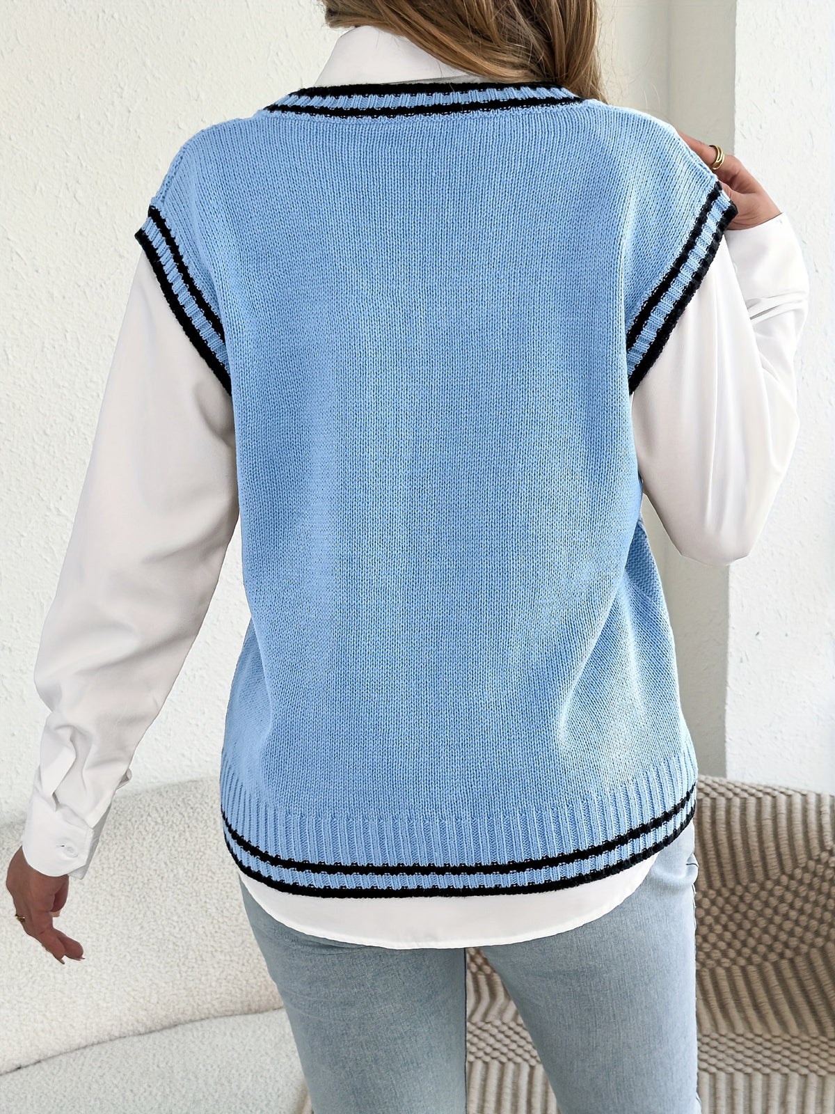 Chic Cable Knit Sweater Vest for Women with V Neck Sleeveless Varsity Stripe College Style