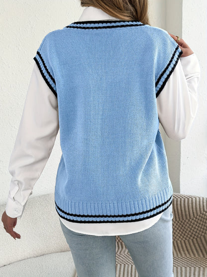 Chic Cable Knit Sweater Vest for Women with V Neck Sleeveless Varsity Stripe College Style