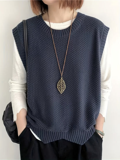 Comfortable Chunky Knit Sweater Vest for Women with Crew Neck Sleeveless Ribbed Trim Relaxed Oversized Style