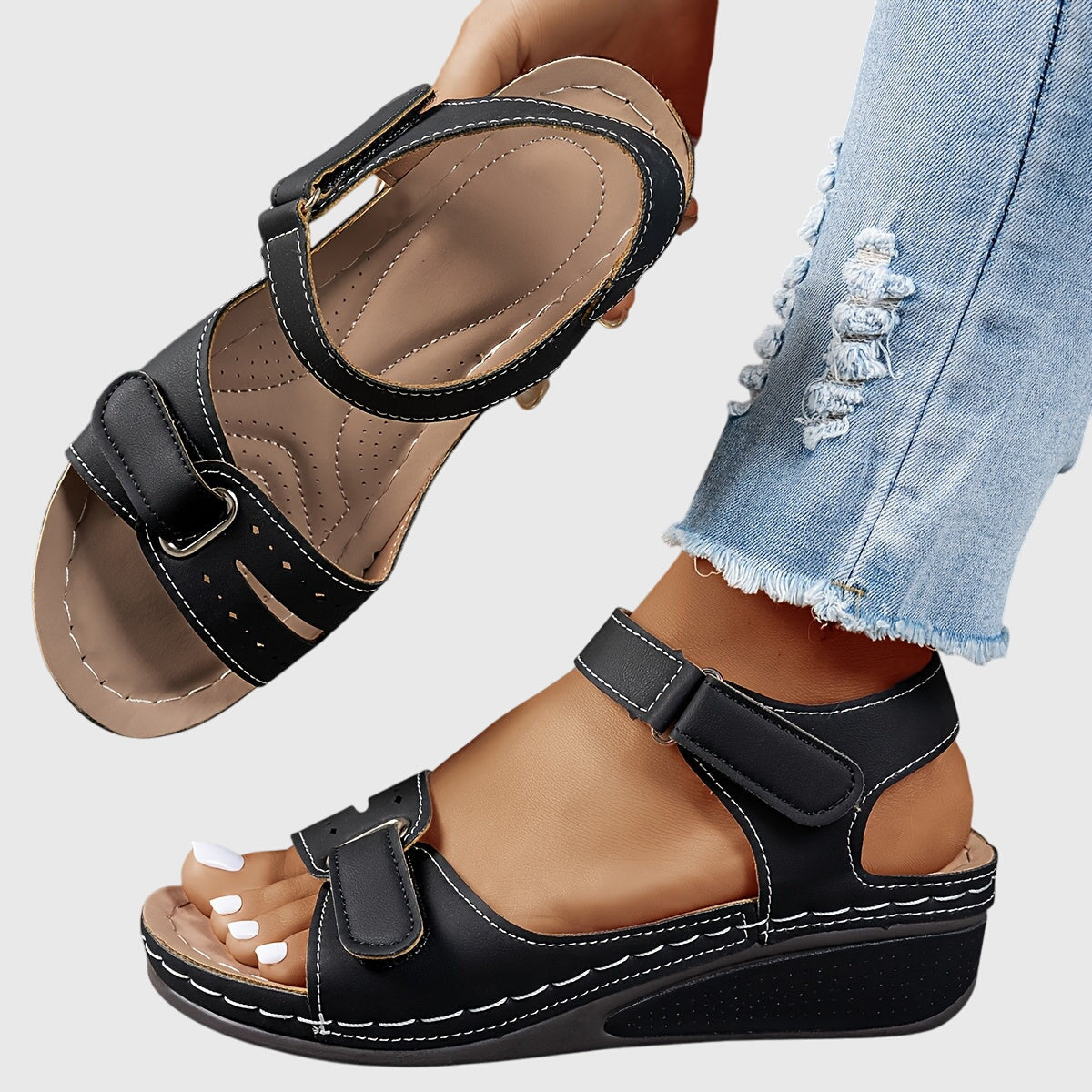 Comfortable Orthopedic Sandals for Women with Velcro Strap Wedge Platform Open Toe Cushioned Casual Style