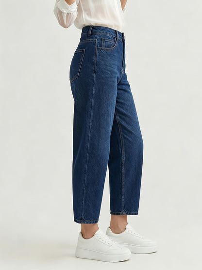 Effortless Deep Blue Denim Mom Jeans for Women with High Waist Tapered Cropped Relaxed Style