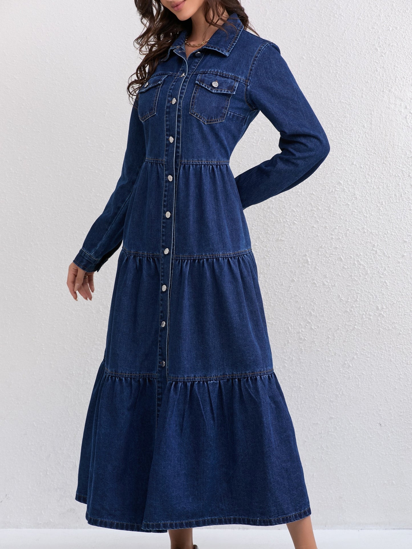 Effortless Blue Denim Dress for Women with Collar Long Sleeve Button Front Tiered Maxi Style