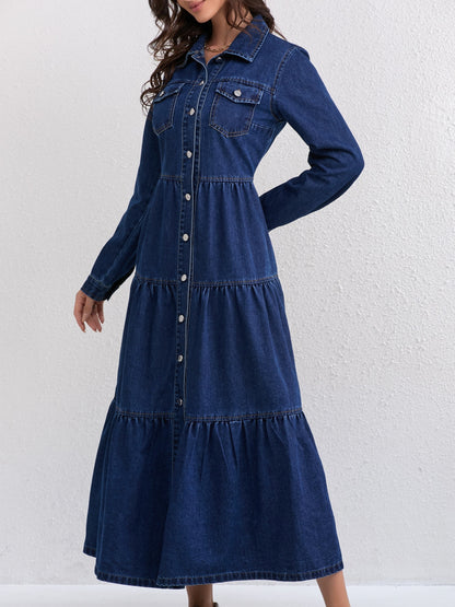 Effortless Blue Denim Dress for Women with Collar Long Sleeve Button Front Tiered Maxi Style