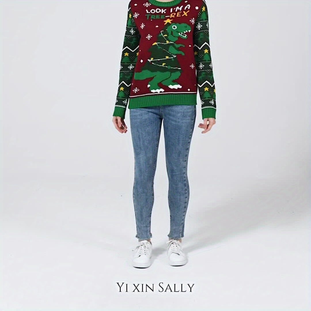 Comfortable Burgundy Christmas Tacky Sweater for Women with Crew Neck Long Sleeve Dinosaur Graphic Oversized Knit Style