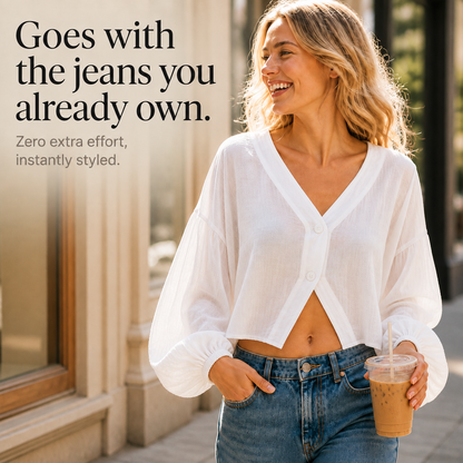 Effortless Linen Blouse for Women with V Neck Balloon Sleeve Button Front Cropped Casual Style