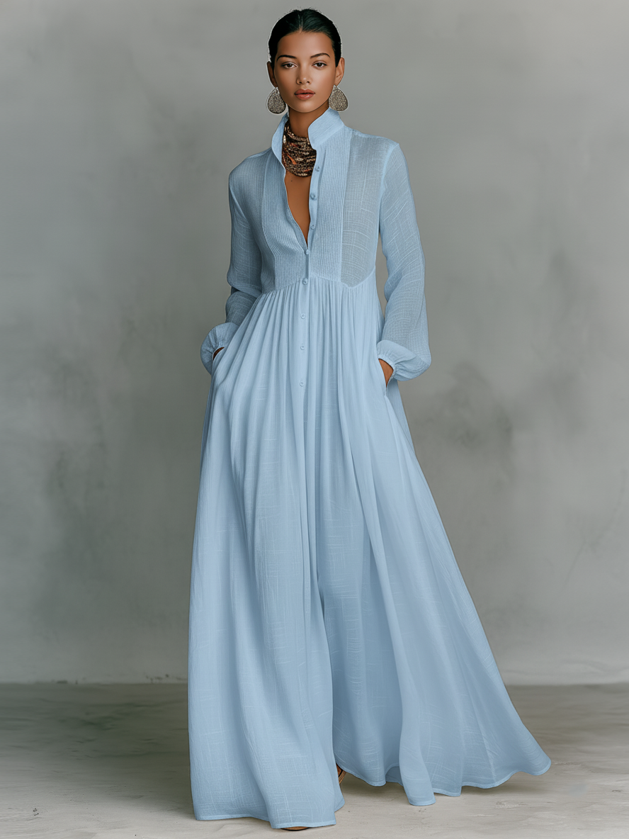 Effortless Linen Maxi Dress for Women with Stand Collar Button Front Long Sleeve Flowing Casual Style